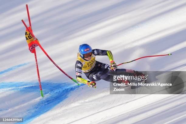 Mikaela Shiffrin of Team United States competes during the FIS Alpine Ski World Cup Women's Super G on January 22, 2023 in Cortina d'Ampezzo, Italy.