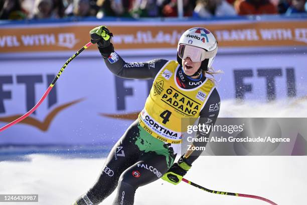 Marta Bassino of Team Italy celebrates during the FIS Alpine Ski World Cup Women's Super G on January 22, 2023 in Cortina d'Ampezzo, Italy.