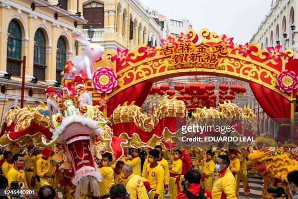 238m-long dragon dance passes by Leal Senado Square during celebrations on the first day of the Chinese lunar new year in Macau on January 22, 2023.