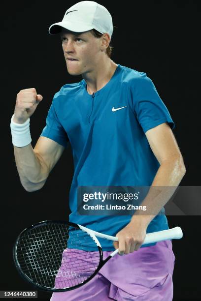 Jannik Sinner of Italy reacts during the fourth round singles match against Stefanos Tsitsipas of Greece during day seven of the 2023 Australian Open...