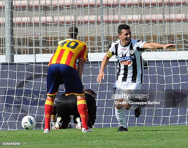 Antonio Di Natale of Udinese celebrates scoring his team's second goal during the Serie A match between US Lecce and Udinese Calcio at Stadio Via del...