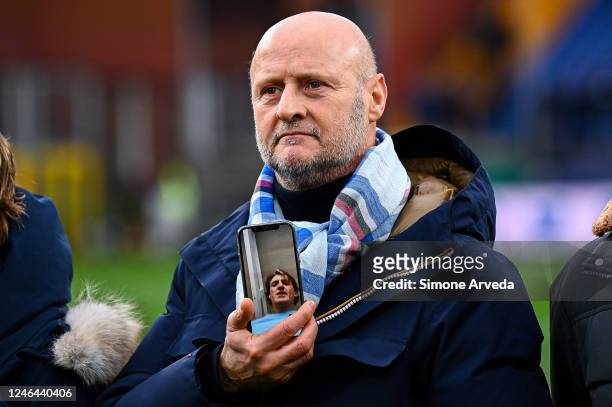 Attilio Lombardo former player of Sampdoria is seen on a videocall with Roberto Mancini head coach of Italy as they pay respect to the late Gianluca...