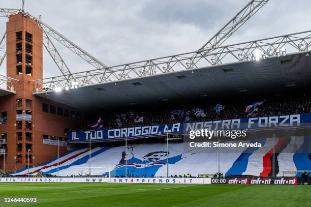 Fans of Sampdoria dedicate a giant banner to the late Gianluca Vialli prior to kick-off in the Serie A match between UC Sampdoria and Udinese Calcio...