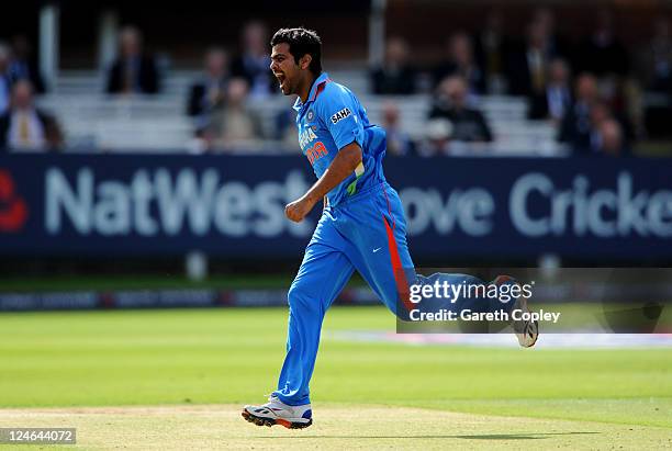 Singh of India celebrates claiming the wicket of Alastair Cook of England during the 4th Natwest One Day International match between England and...