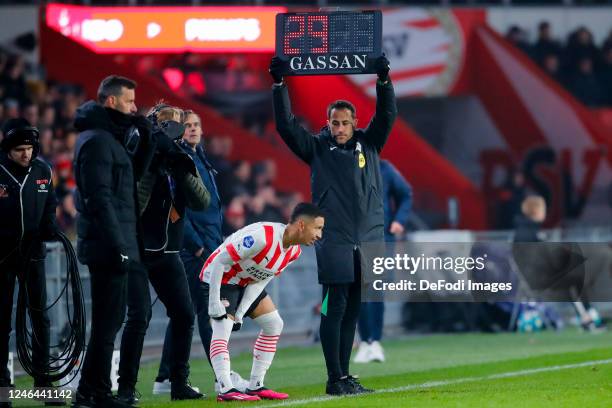 Mauro Junior of PSV Eindhoven and referee Martin Perez substitutes during the Dutch Eredivisie match between PSV Eindhoven and SBV Vitesse at Philips...