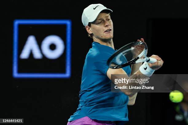 Jannik Sinner of Italy plays a forehand during the fourth round singles match against Stefanos Tsitsipas of Greece during day seven of the 2023...