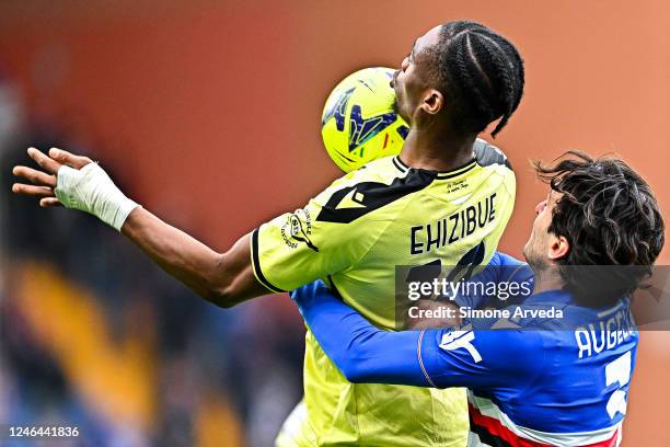 Kingsley Ehizibue of Udinese and Tommaso Augello of Sampdoria vie for the ball during the Serie A match between UC Sampdoria and Udinese Calcio at...