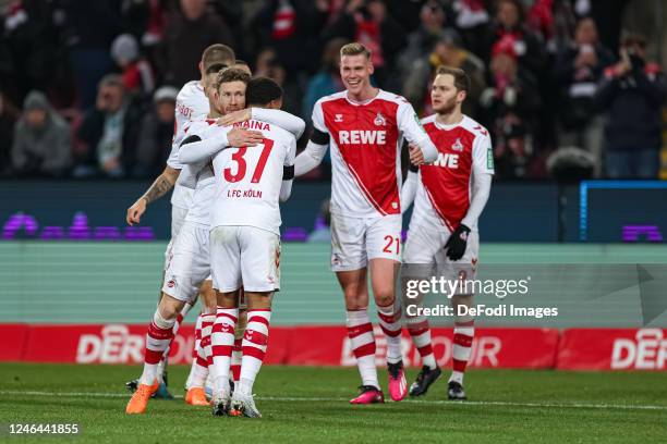 Ellyes Skhiri of 1. FC Koeln celebrates after scoring his team's sixth goal with teammates during the Bundesliga match between 1. FC Köln and SV...