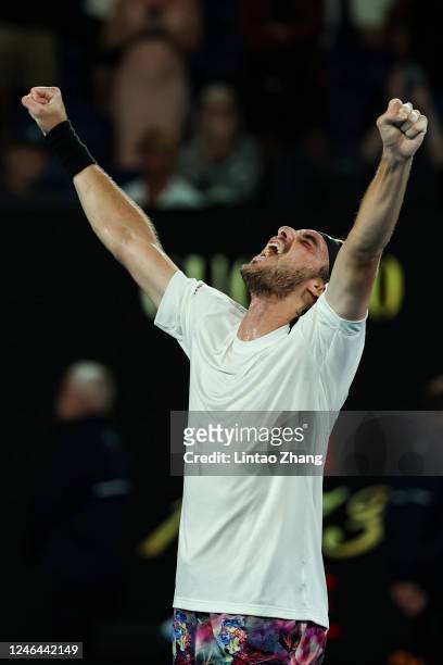 Stefanos Tsitsipas of Greece celebrates after winning match point during the fourth round singles match against Jannik Sinner of Italy during day...