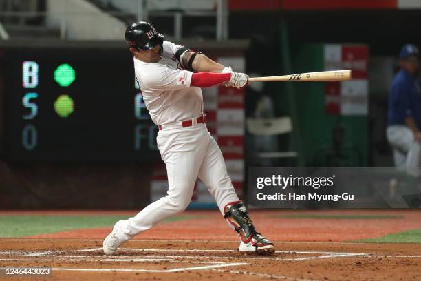 Outfilder Jung Eui-Yoon of SK Wyverns bats in the bottom the sixth inning during the KBO League game between Samsung Lions and SK Wyverns at the...