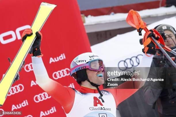 Daniel Yule of Team Switzerland celebrates during the Audi FIS Alpine Ski World Cup Men's Slalom on January 22, 2023 in Kitzbuehel, Austria.