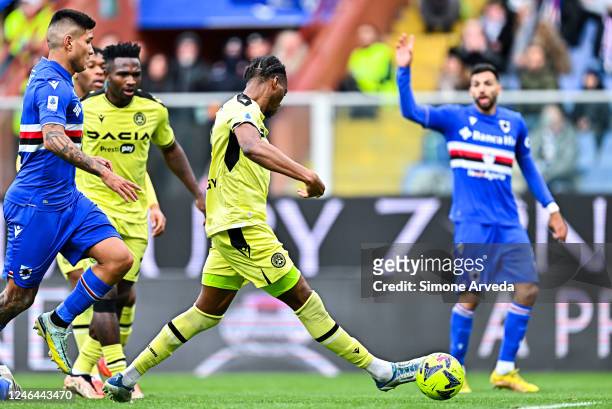 Kingsley Ehizibue of Udinese scores a goal during the Serie A match between UC Sampdoria and Udinese Calcio at Stadio Luigi Ferraris on January 22,...