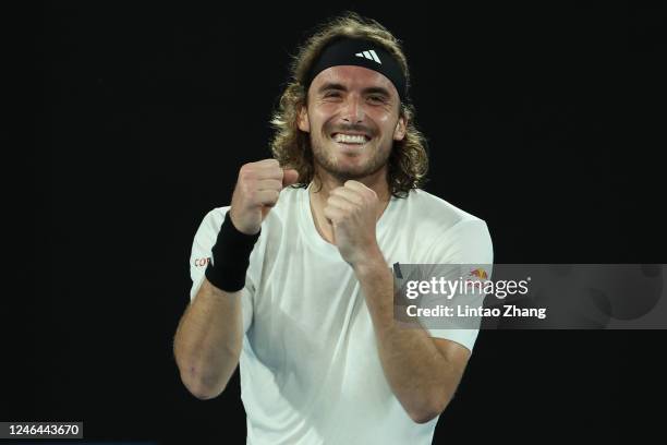 Stefanos Tsitsipas of Greece celebrates after winning match point during the fourth round singles match against Jannik Sinner of Italy during day...