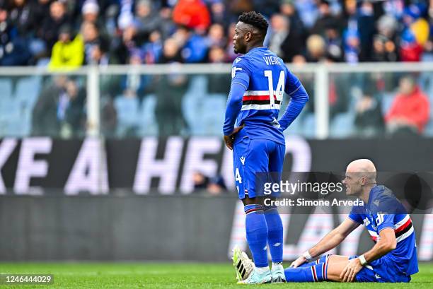 Ronaldo Vieira and Bram Nuytinck of Sampdoria react with disappointment after Kingsley Ehizibue of Udinese has scored a goal during the Serie A match...