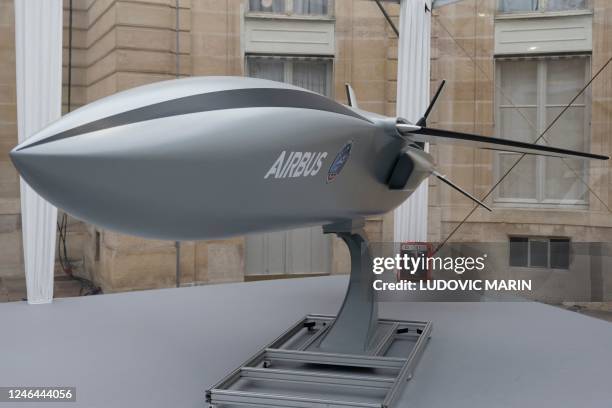 An Airbus drone, intended to work in formation with Future Combat Air System aircraft currently under development, is displayed in the courtyard of...