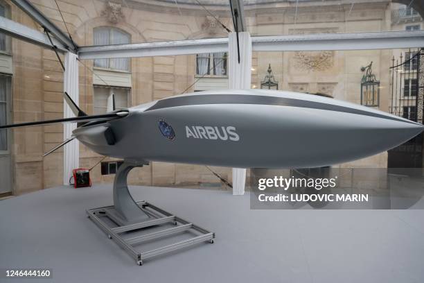 An Airbus drone, intended to work in formation with Future Combat Air System aircraft currently under development, is displayed in the courtyard of...