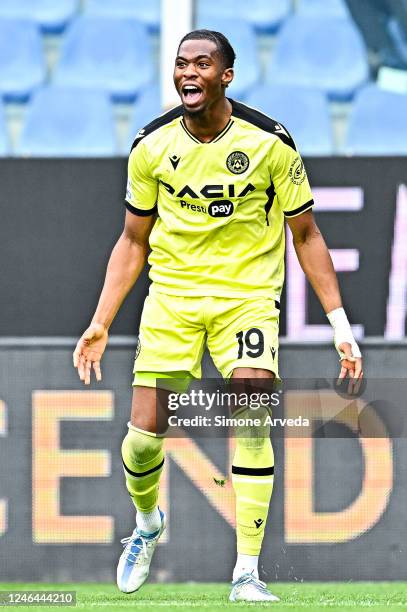 Kingsley Ehizibue of Udinese celebrates after scoring a goal during the Serie A match between UC Sampdoria and Udinese Calcio at Stadio Luigi...