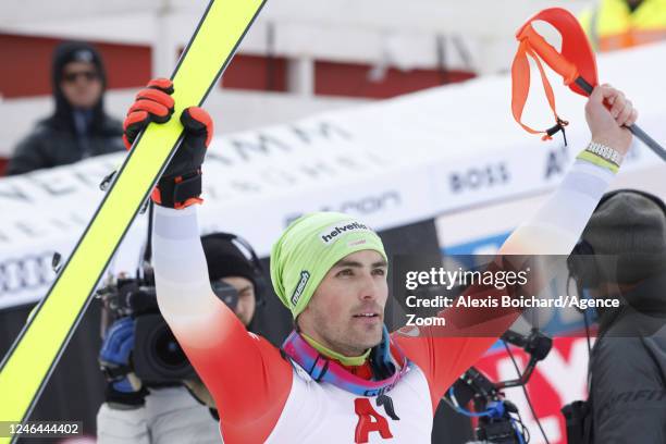 Daniel Yule of Team Switzerland celebrates during the Audi FIS Alpine Ski World Cup Men's Slalom on January 22, 2023 in Kitzbuehel, Austria.