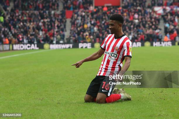 Sunderland's Amad Diallo celebrates after scoring their second goal during the Sky Bet Championship match between Sunderland and Middlesbrough at the...