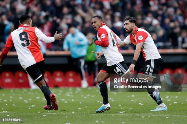 Igor Paixao of Feyenoord celebrates 1-0 with Danilo Pereira of Feyenoord, Alireza Jahanbakhsh of Feyenoord during the Dutch Eredivisie match between...