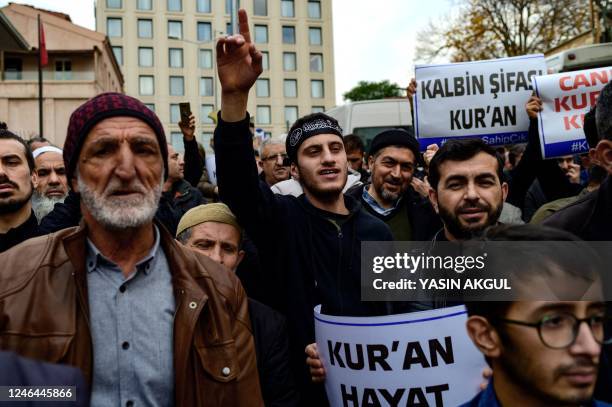 Protesters gather in front of the Consulate General of Sweden in Istanbul on January 22 after Rasmus Paludan, leader of Danish far-right political...