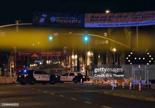 Law enforcement at the scene of a shooting on January 22, 2023 in Monterey Park, California. Ten people have been shot dead during at a gathering...