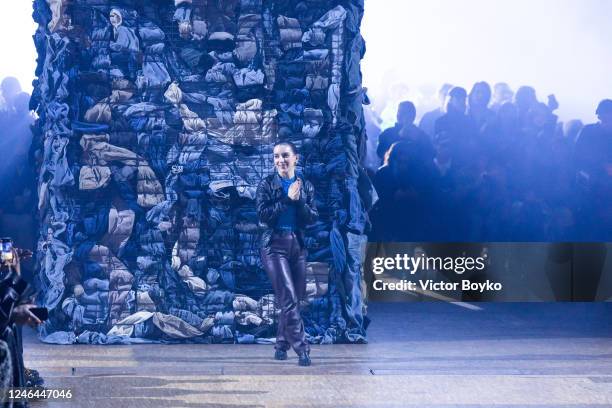 Designer Marine Serre walks the runway during the Marine Serre Menswear Fall-Winter 2023-2024 show as part of Paris Fashion Week on January 21, 2023...