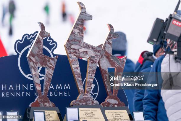 Kitzbuehel trophies during Audi FIS Alpine Ski World Cup - Men's Slalom second run on January 22, 2023 in Kitzbuehel, Austria.