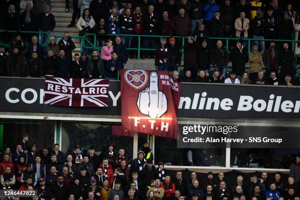 Hearts fans during a Scottish Cup Fourth Round match between Hibernian and Heart of Midlothian at Easter Road, on January 22 in Perth, Scotland.