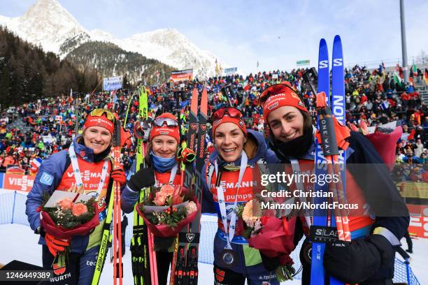 Third placed Janina Hettich-Walz of Germany, Sophia Schneider of Germany, Hanna Kebinger of Germany and Vanessa Voigt of Germany celebrate during the...