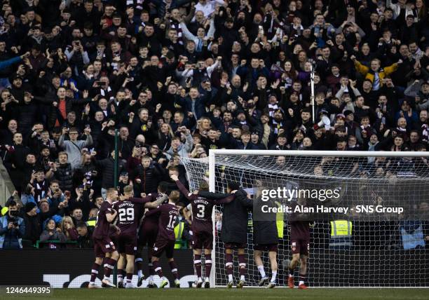 Hearts celebrate at Full Time during a Scottish Cup Fourth Round match between Hibernian and Heart of Midlothian at Easter Road, on January 22 in...