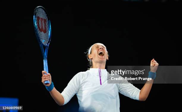 Victoria Azarenka of Belarus celebrates defeating Lin Zhu of China in her fourth round match on Day 7 of the 2023 Australian Open at Melbourne Park...