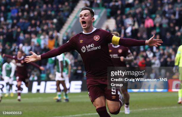 Lawrence Shankland celebrates making it 2-0 Hearts during a Scottish Cup Fourth Round match between Hibernian and Heart of Midlothian at Easter Road,...