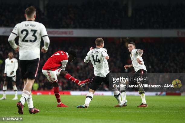 Bukayo Saka of Arsenal scores a goal to make it 2-1 during the Premier League match between Arsenal FC and Manchester United at Emirates Stadium on...