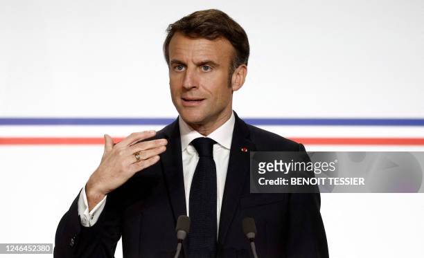 French President Emmanuel Macron holds a press conference with German Chancellor , following a Franco-German joint cabinet meeting as part of the...