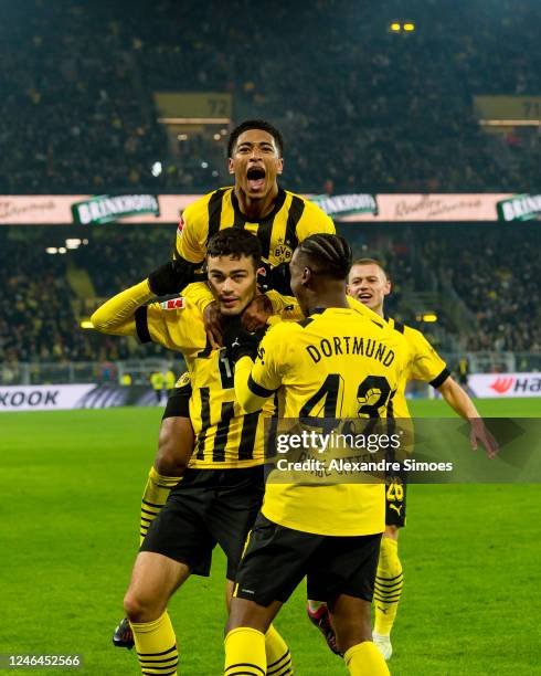 Giovanni Reyna of Borussia Dortmund is celebrating his goal with Jude Bellingham during the Bundesliga match between Borussia Dortmund and FC...