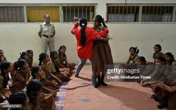 Members of Nirbhaya Squad organise a self-defence program for school girls, at Worli, on January 21, 2023 in Mumbai, India.