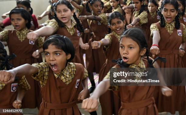 Members of Nirbhaya Squad organise a self-defence program for school girls, at Worli, on January 21, 2023 in Mumbai, India.