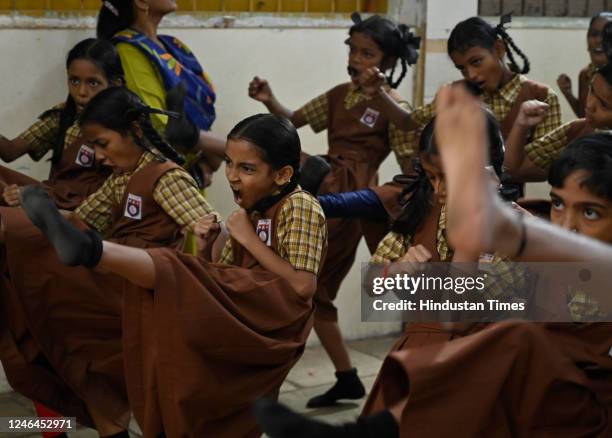 Members of Nirbhaya Squad organise a self-defence program for school girls, at Worli, on January 21, 2023 in Mumbai, India.