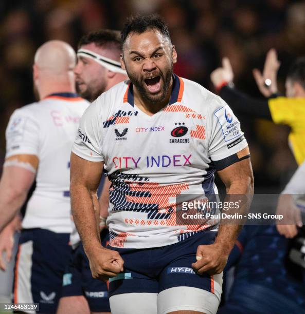 Scaracens' Billy Vunipola celebrates during a Heineken Champions Cup match between Edinburgh and Saracens at the DAM Health Stadium, on January 22 in...