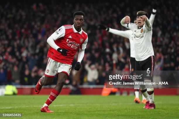 Eddie Nketiah of Arsenalcelebrates after scoring a goal to make it 3-2 during the Premier League match between Arsenal FC and Manchester United at...