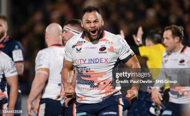 Scaracens' Billy Vunipola celebrates during a Heineken Champions Cup match between Edinburgh and Saracens at the DAM Health Stadium, on January 22 in...