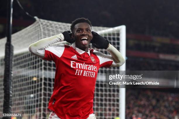 Eddie Nketiah of Arsenal celebrates scoring the winning goal during the Premier League match between Arsenal FC and Manchester United at Emirates...