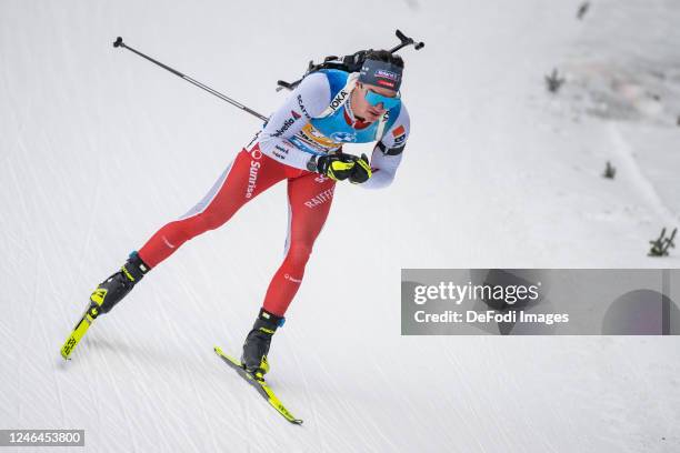 Niklas Hartweg of Switzerland in action competes during the Men 4x7.5 km Relay at the BMW IBU World Cup Biathlon Antholz-Anterselva on January 22,...