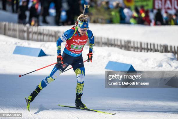Yuliia Dzhima of Ukraine in action competes during the Women 4x6 km Relay at the BMW IBU World Cup Biathlon Antholz-Anterselva on January 22, 2023 in...