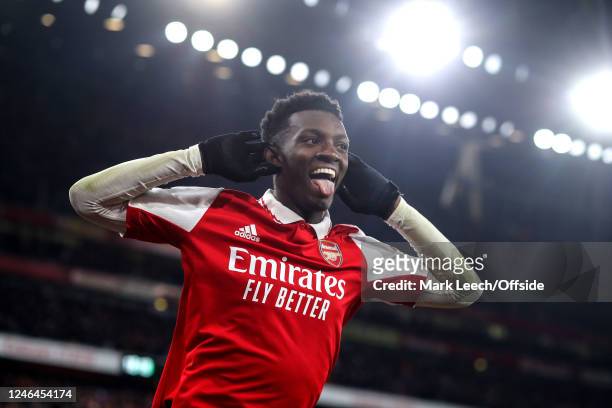 Eddie Nketiah of Arsenal celebrates scoring the winning goal during the Premier League match between Arsenal FC and Manchester United at Emirates...