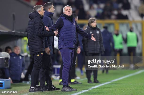 José Mário dos Santos Mourinho Félix manager of AS Roma gestures during the Serie A match between Spezia Calcio and AS Roma at Stadio Alberto Picco...