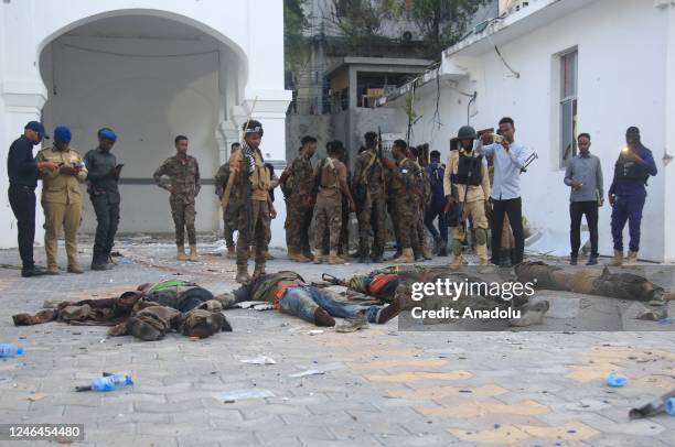 Bodies of members of al-Shabaab killed by Somalian security forces after bombings followed by gunfire in Somalia's capital targeted the Banadir...