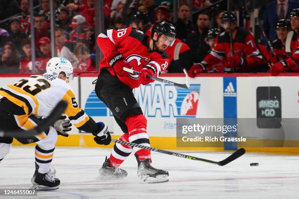 Kevin Bahl of the New Jersey Devils skates in the first period of the game against the Pittsburgh Penguins on January 22, 2023 at the Prudential...