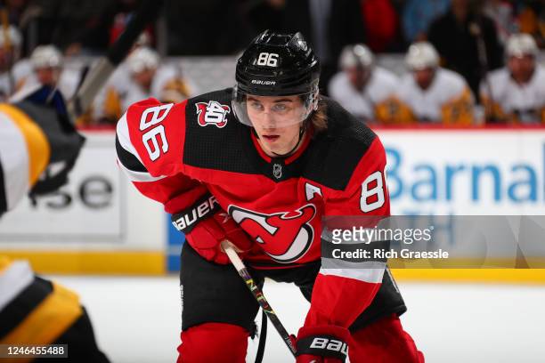 Jack Hughes of the New Jersey Devils in the first period of the game against the Pittsburgh Penguins on January 22, 2023 at the Prudential Center in...
